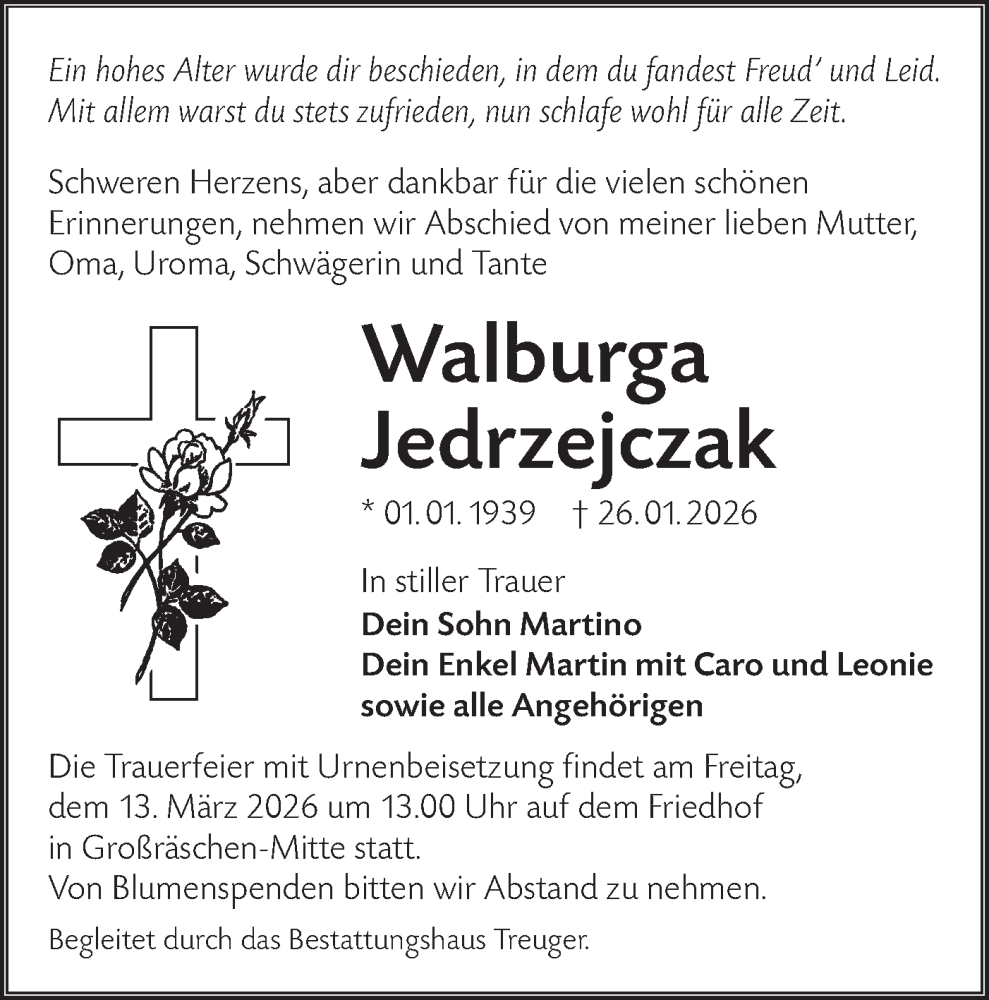  Traueranzeige für Walburga Jedrzejczak vom 07.02.2026 aus Lausitzer Rundschau