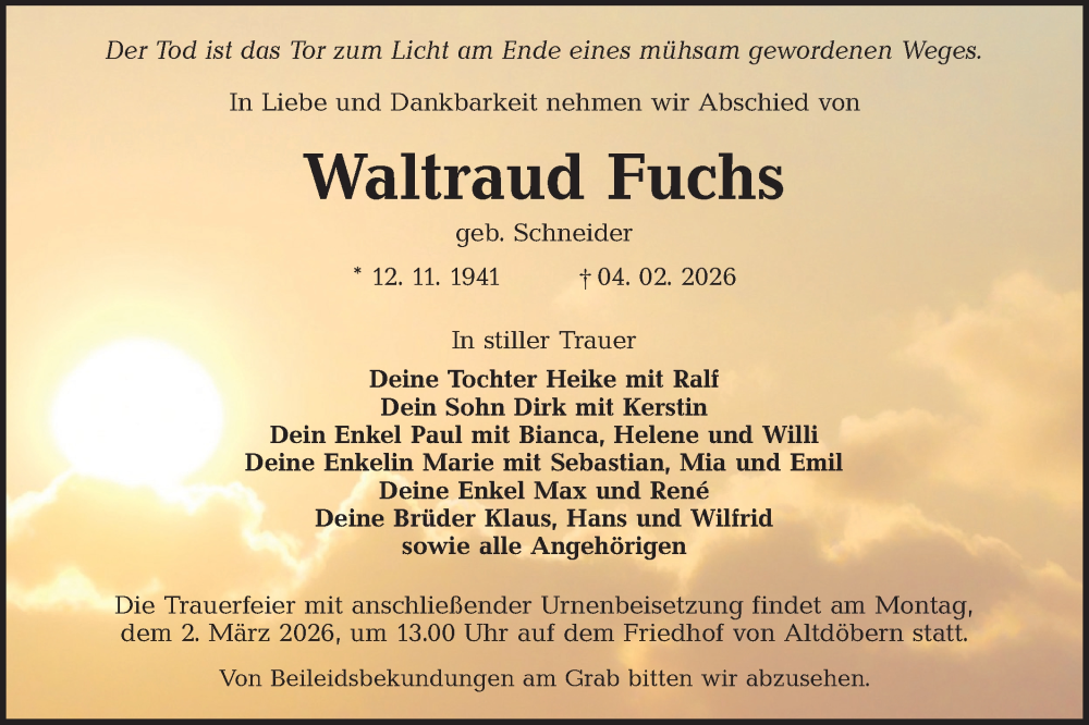  Traueranzeige für Waltraud Fuchs vom 21.02.2026 aus Ausg. LR Spreewald RS