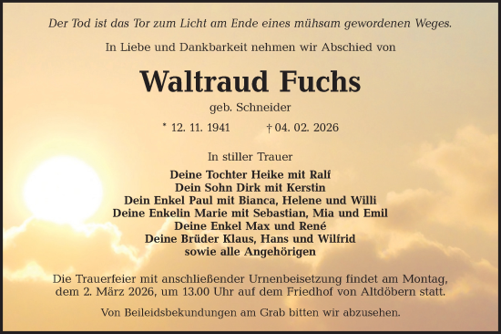 Traueranzeige von Waltraud Fuchs von Ausg. LR Spreewald RS