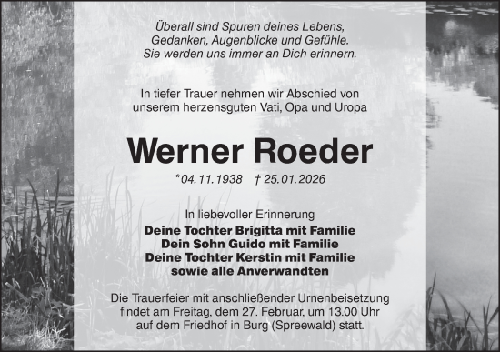 Traueranzeige von Werner Roeder von Lausitzer Rundschau