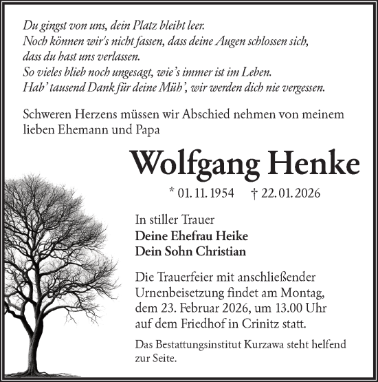 Traueranzeige von Wolfgang Henke von Lausitzer Rundschau