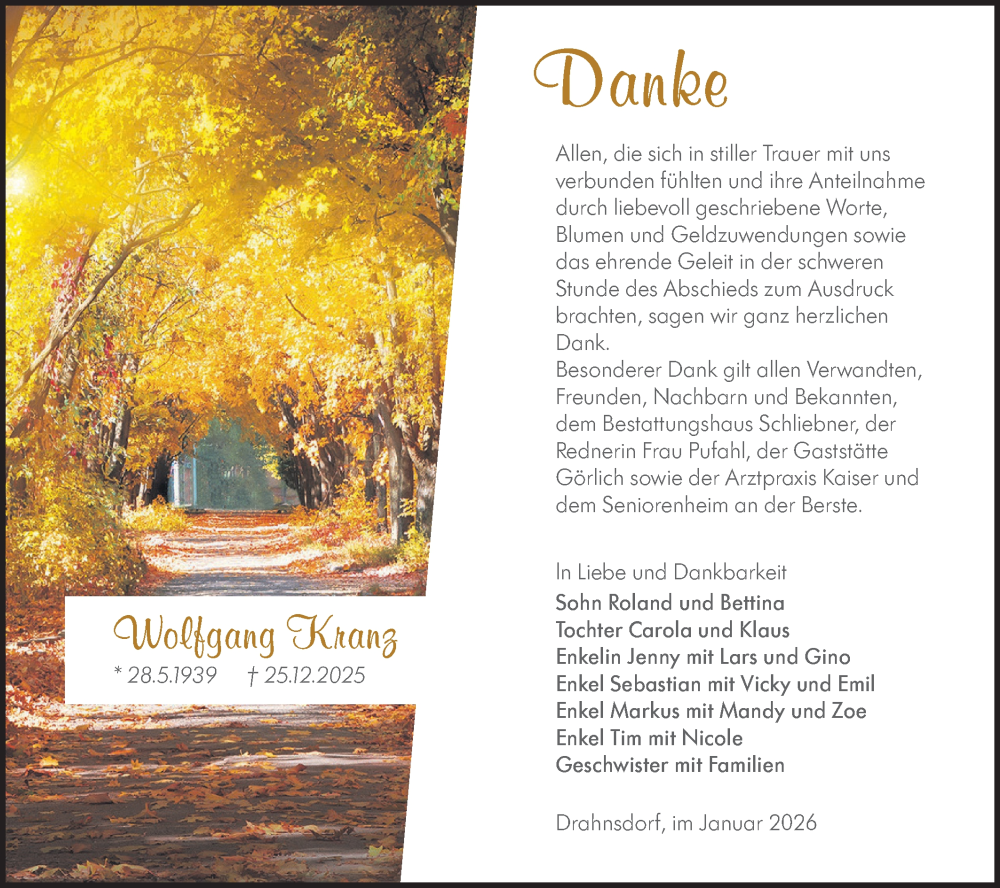  Traueranzeige für Wolfgang Kranz vom 07.02.2026 aus Ausg. LR Spreewald RS